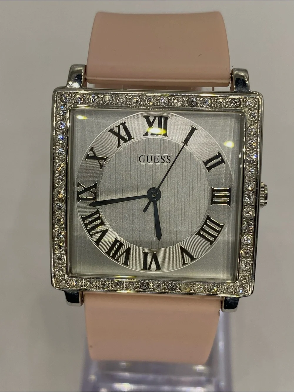 *** GUESS ^^^ Silver Dial Watch / Iced  Blush Pink Strap and Crystal Bezel *^*